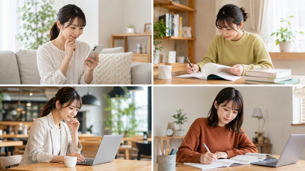 フォーミーのスマホ学習とユーキャンの紙教材を比較する日本人受講者のイメージ