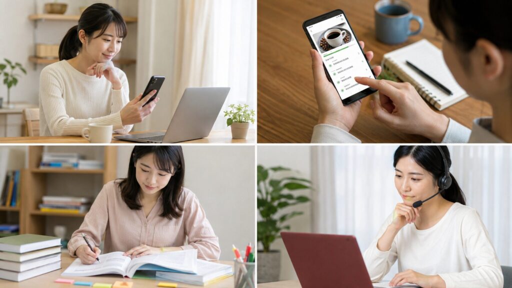 スマホ学習と紙教材による通信講座の学び方を比較する日本人受講者