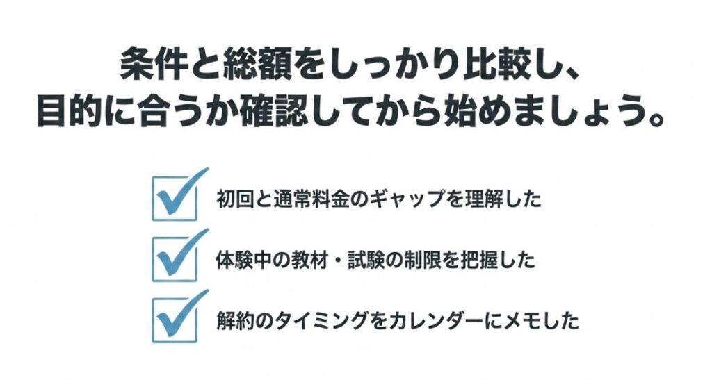 formieの体験を始める前に料金差、教材と試験の制限、解約時期を確認するチェックリスト
