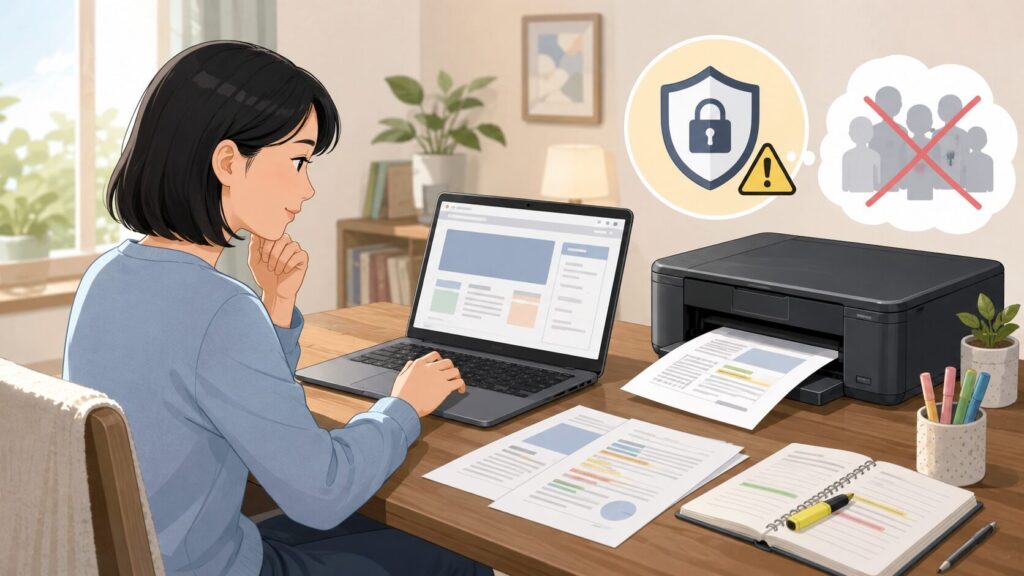 フォーミーのWeb教材をパソコンから印刷し著作権と共有に注意して学習する日本人女性