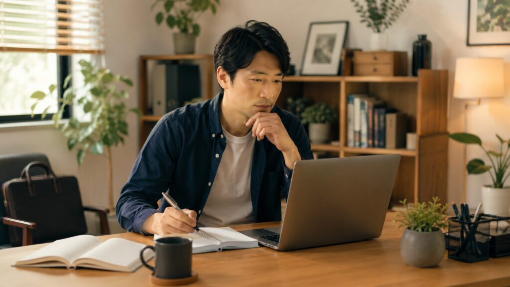 フォーミー資格の実用性を考えながら自宅でオンライン学習する日本人男性