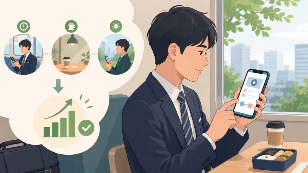 通勤や昼休みなどのスキマ時間にスマホでフォーミーを学習する日本人会社員