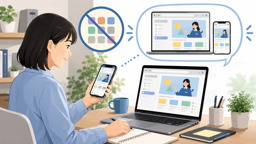 フォーミーを専用アプリなしでスマホとパソコンのブラウザから学習する日本人女性