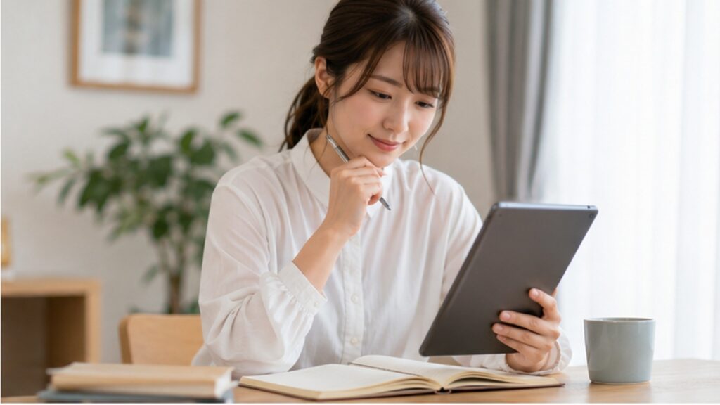 フォーミーのオンライン資格講座をタブレットで学習する日本人女性