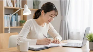 紙教材とパソコンを使って通信講座を学ぶ日本人受講者