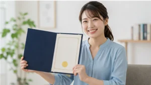 通信講座で資格認定証を取得した日本人受講者のイメージ